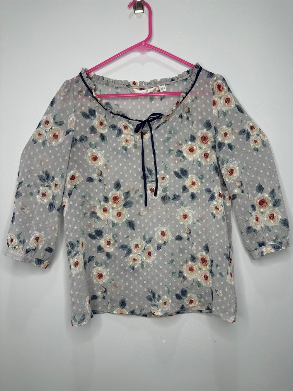 Floral Tie-Neck Peasant Blouse, Gray